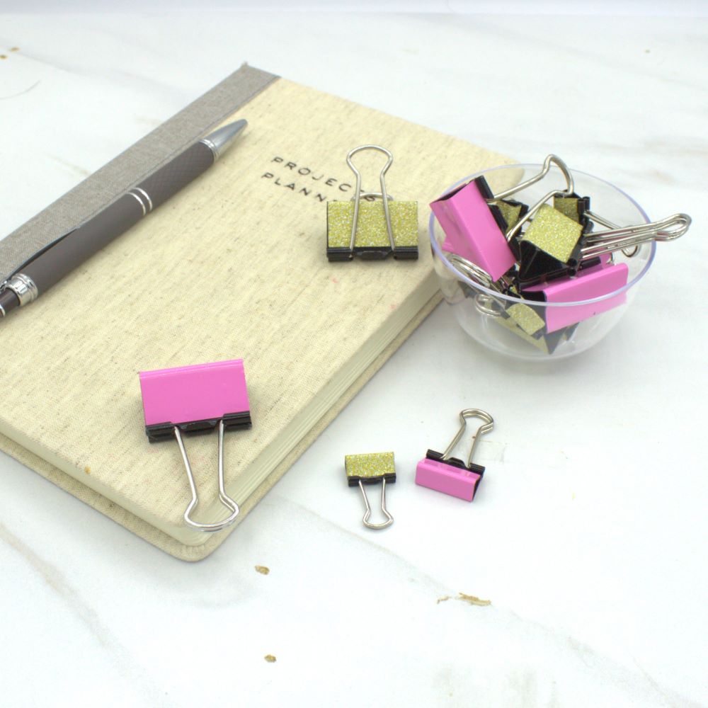 Pink and Gold Glitter Binder Clips